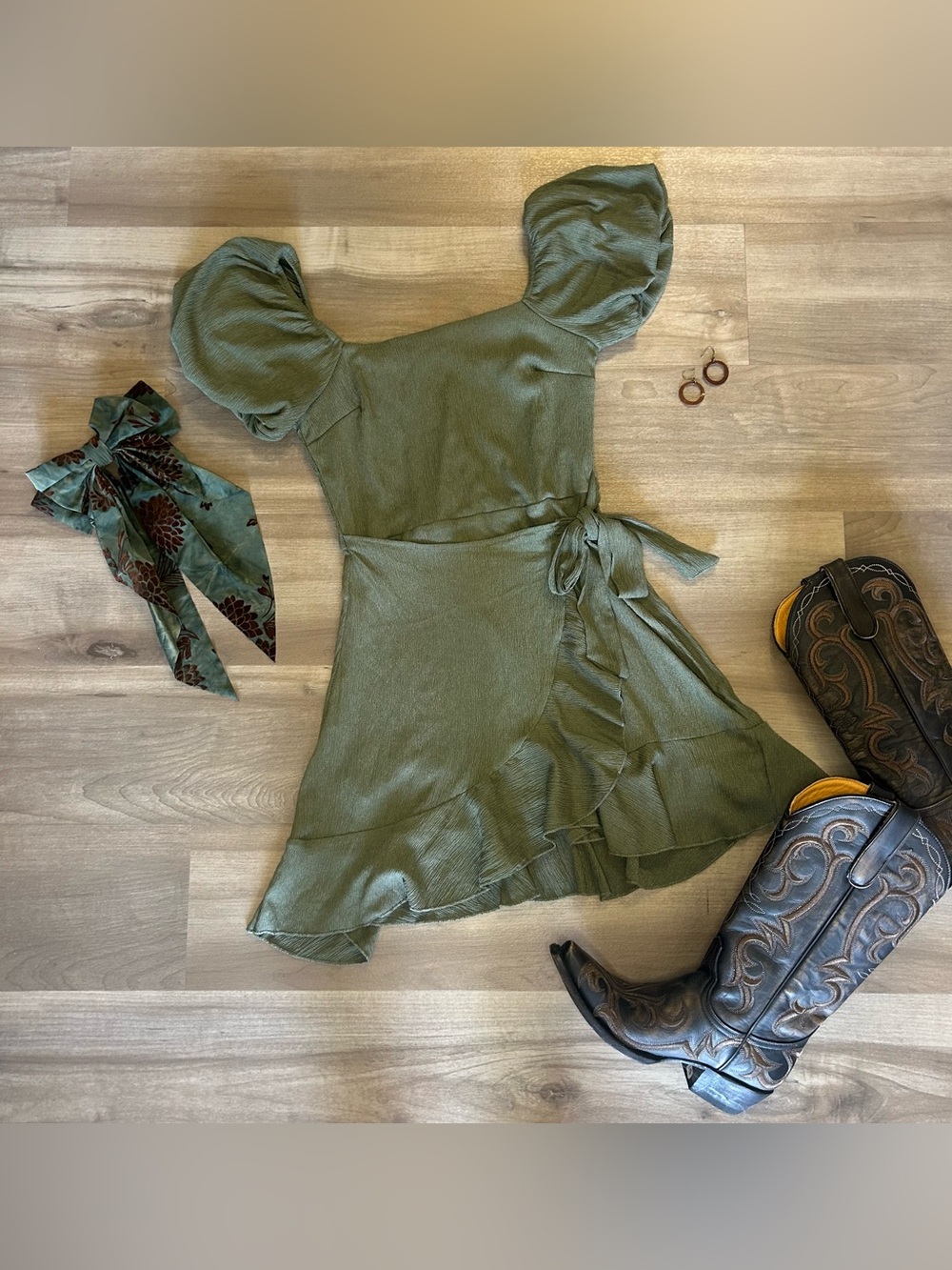 Trixxi Olive Puff-Sleeve Wrap Mini Dress